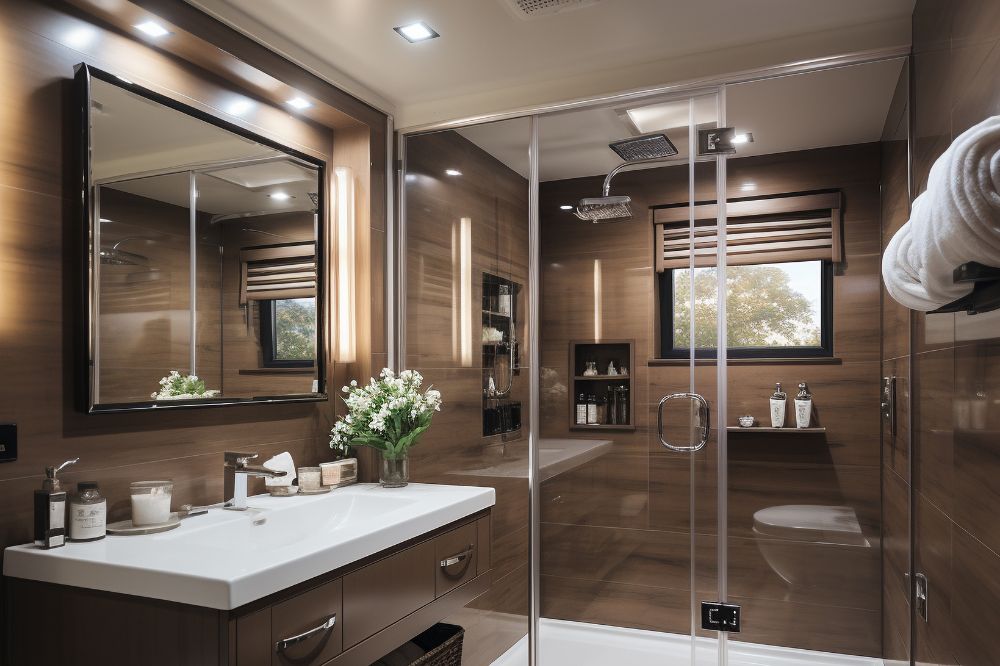 Modern shower door hardware finish in bathroom